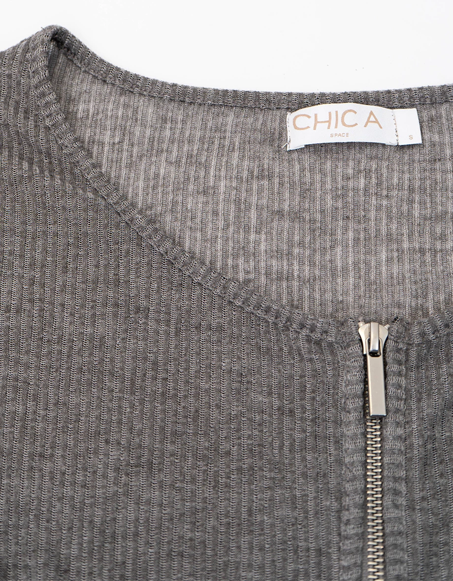 圓領長袖雙頭拉鍊開襟短版羅紋針織衫