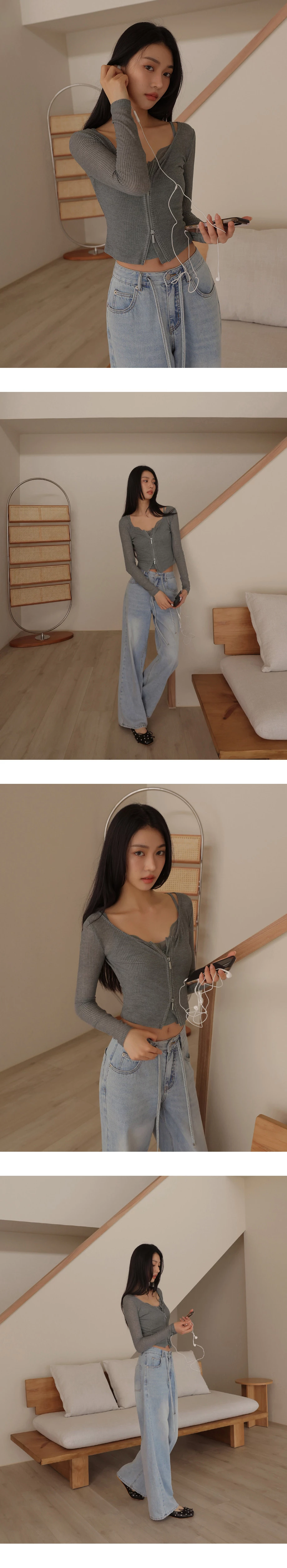 圓領長袖雙頭拉鍊開襟短版羅紋針織衫