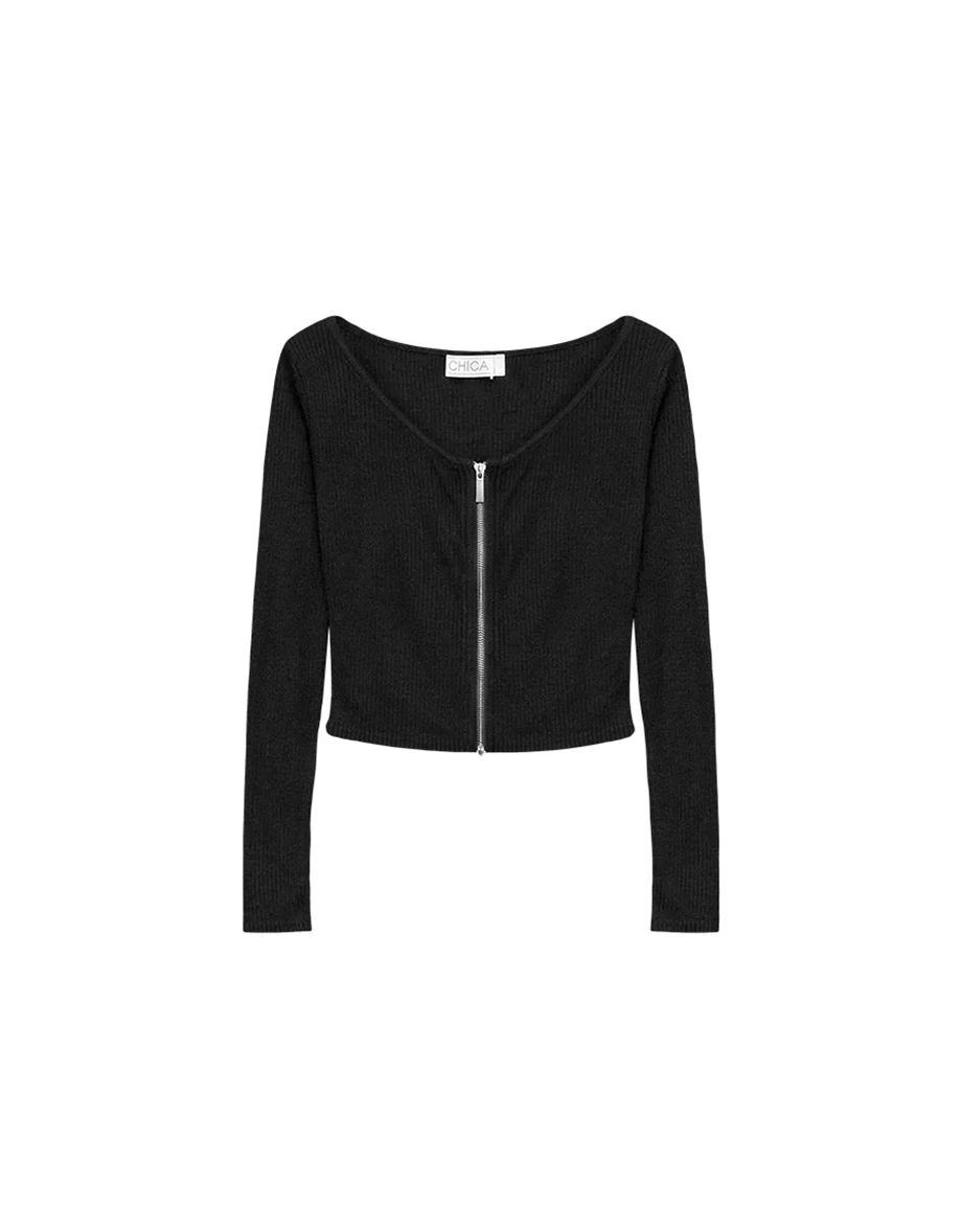 圓領長袖雙頭拉鍊開襟短版羅紋針織衫