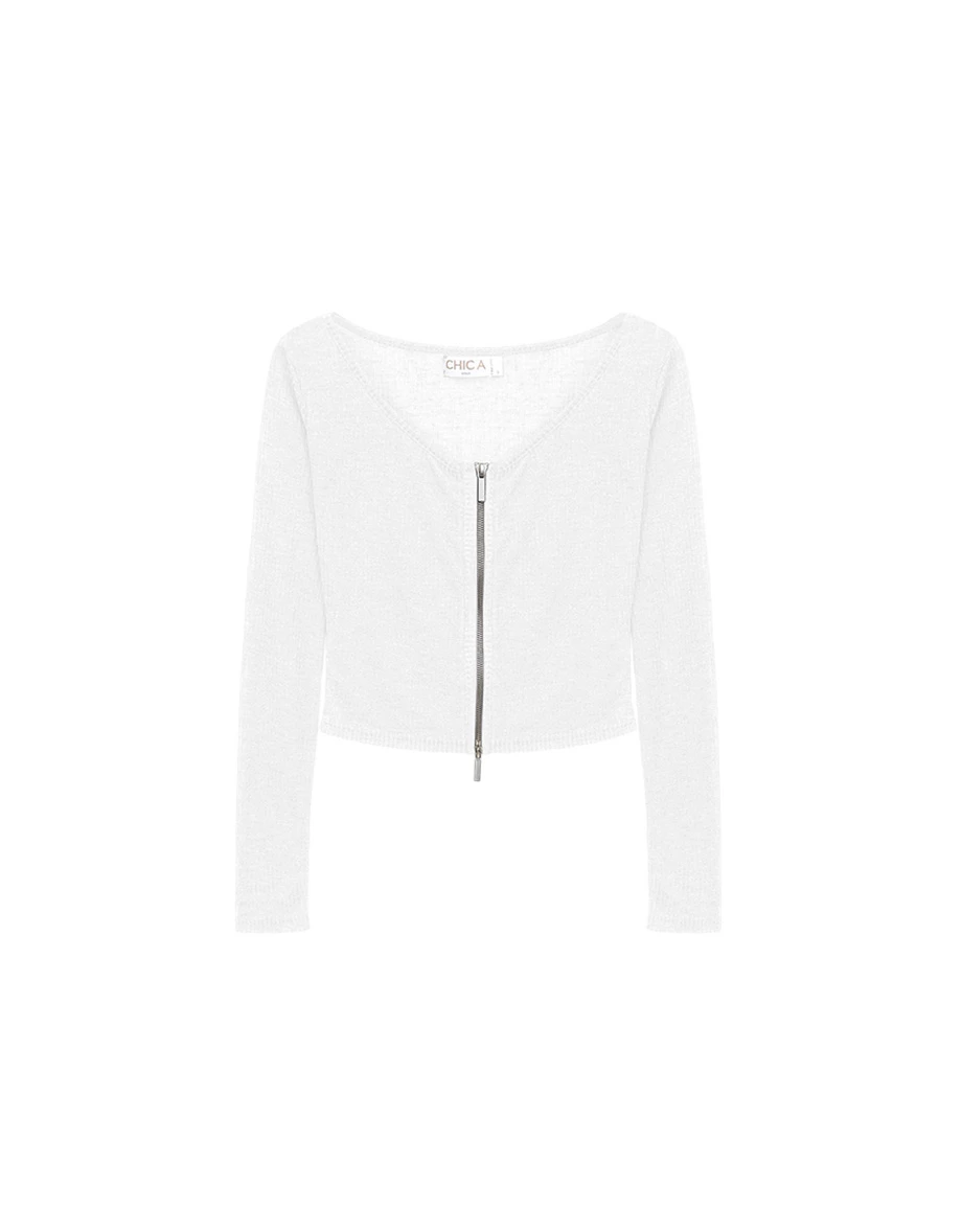 圓領長袖雙頭拉鍊開襟短版羅紋針織衫