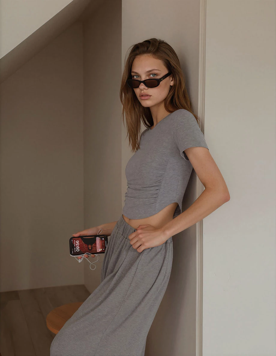 Logo Embroidered Ruched Waist Curved Hem Cropped Top Logo Embroidered Ruched Waist Curved Hem Cropped Top