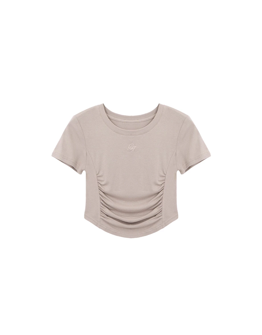 LOGO刺繡圓領公主線剪裁抓皺短袖短版TEE