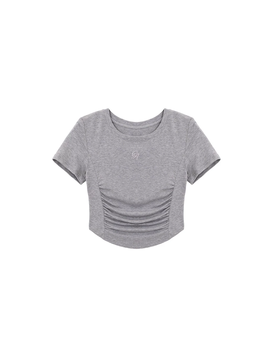 LOGO刺繡圓領公主線剪裁抓皺短袖短版TEE