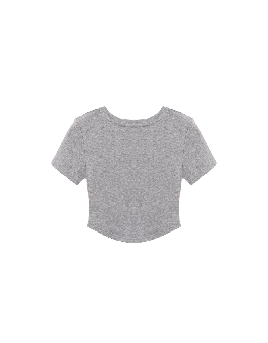 LOGO刺繡圓領公主線剪裁抓皺短袖短版TEE