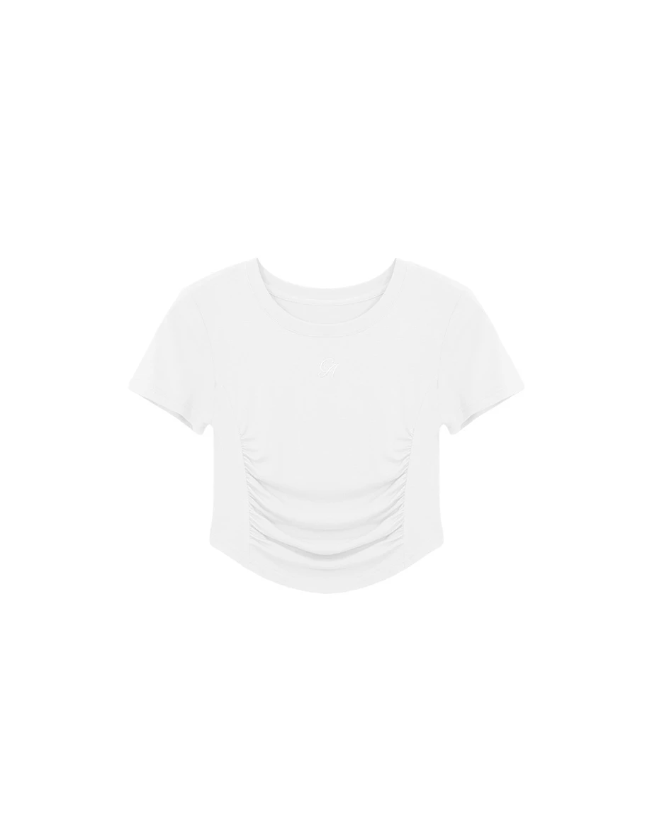 LOGO刺繡圓領公主線剪裁抓皺短袖短版TEE