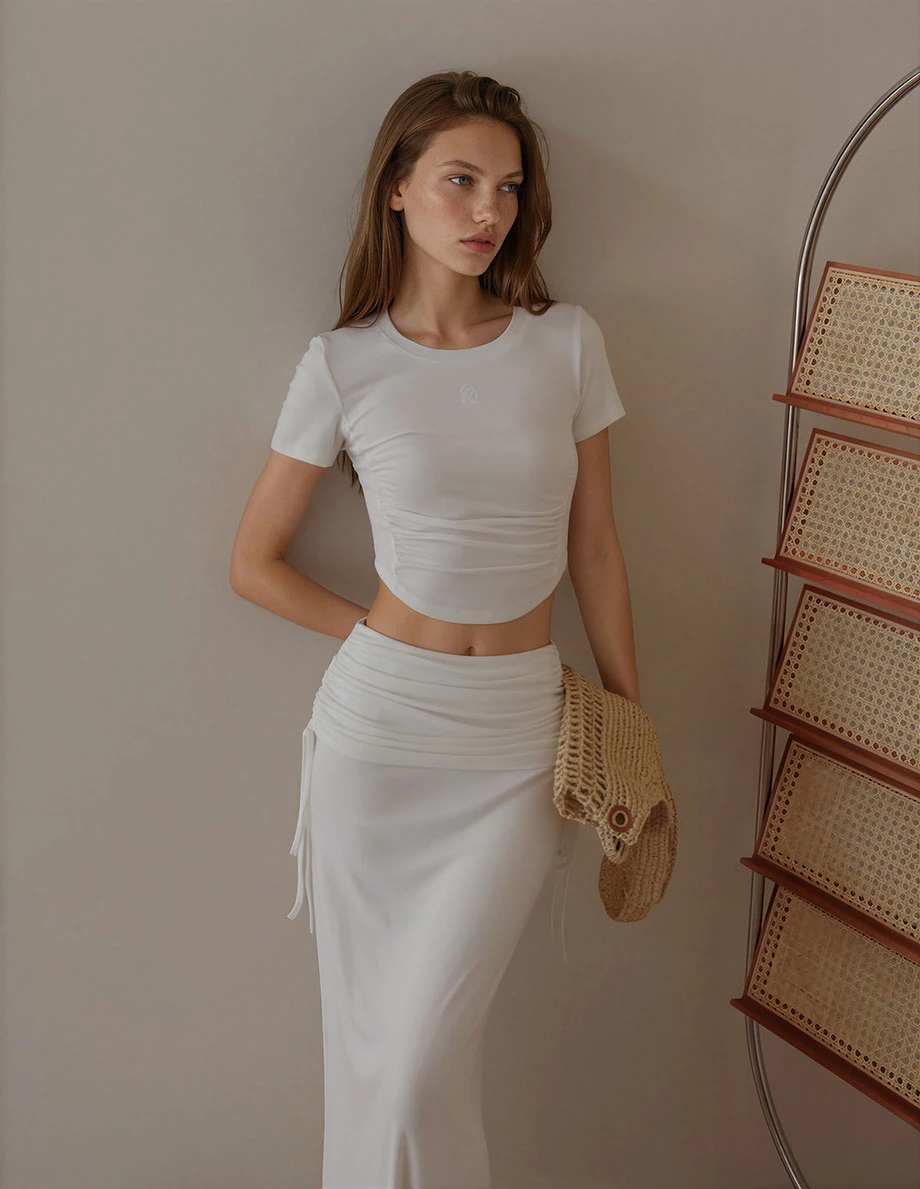Logo Embroidered Ruched Waist Curved Hem Cropped Top Logo Embroidered Ruched Waist Curved Hem Cropped Top