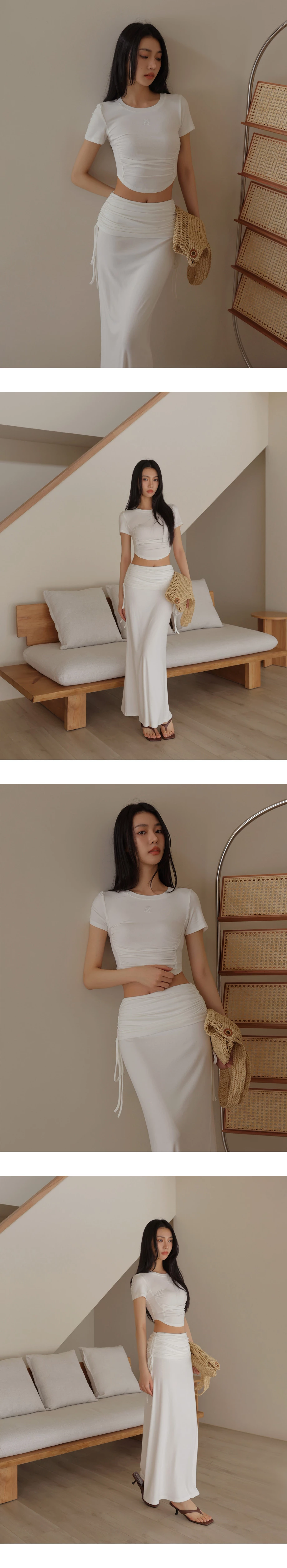 LOGO刺繡圓領公主線剪裁抓皺短袖短版TEE