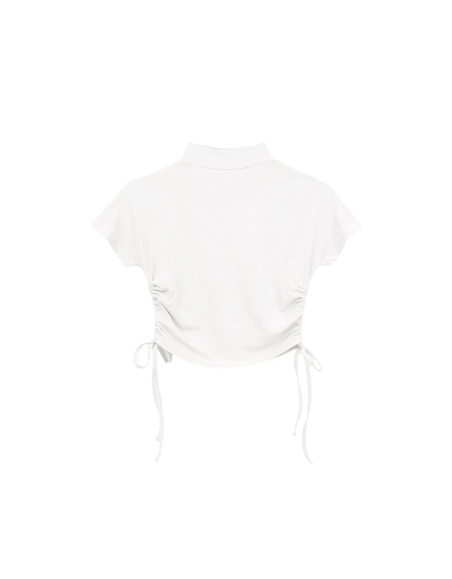 立領側抽繩抓皺短袖短版上衣