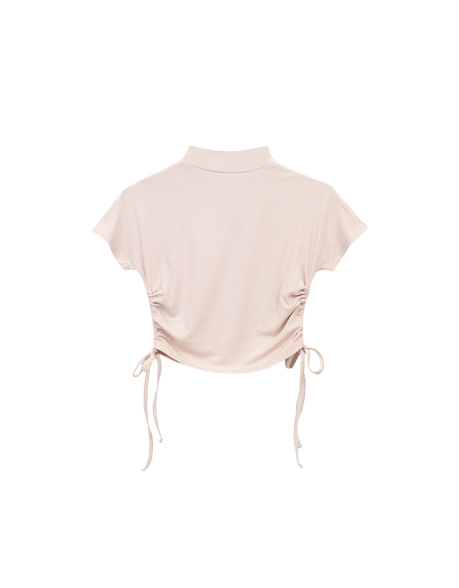 立領側抽繩抓皺短袖短版上衣