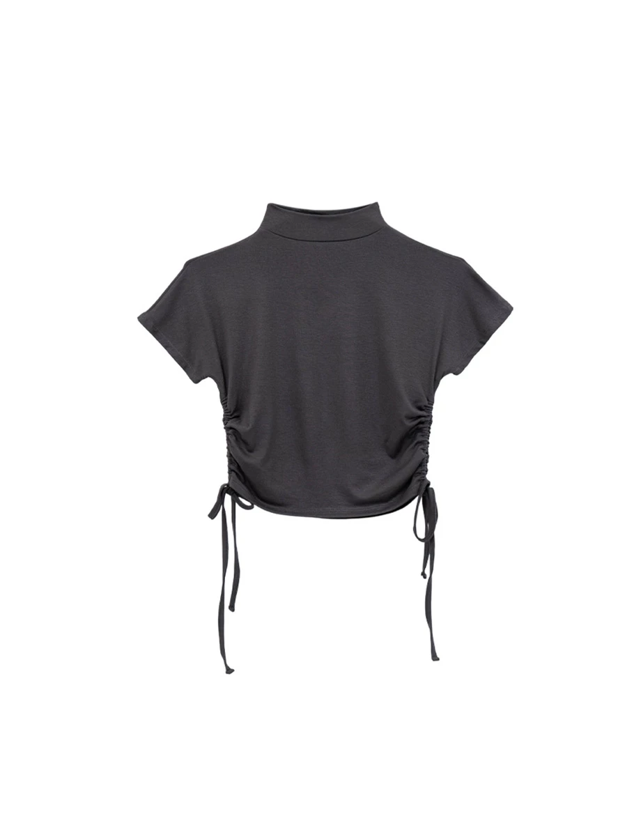 立領側抽繩抓皺短袖短版上衣