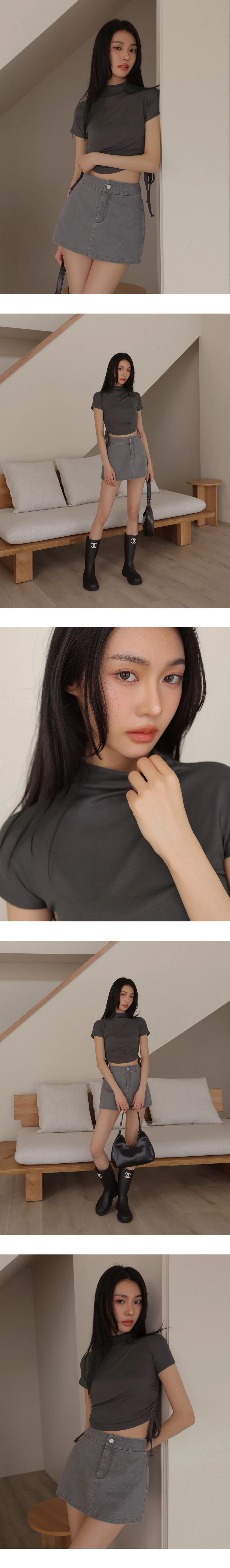 立領側抽繩抓皺短袖短版上衣