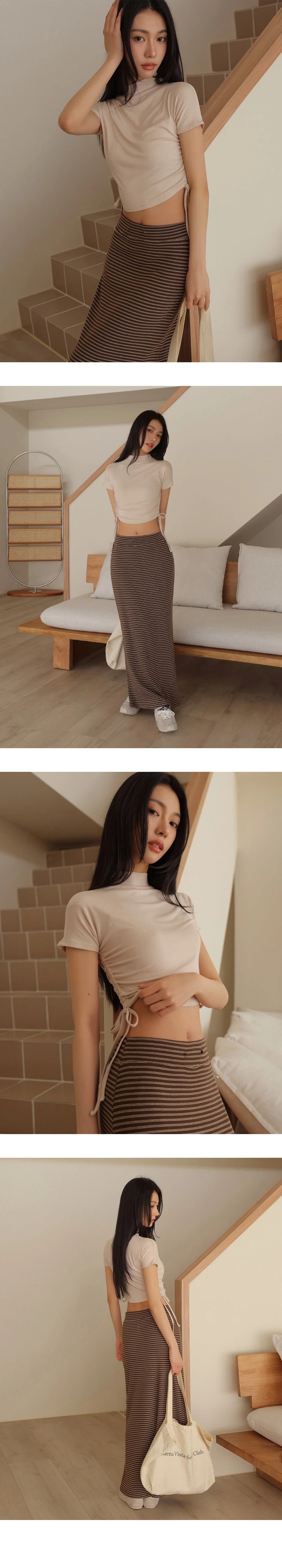 立領側抽繩抓皺短袖短版上衣