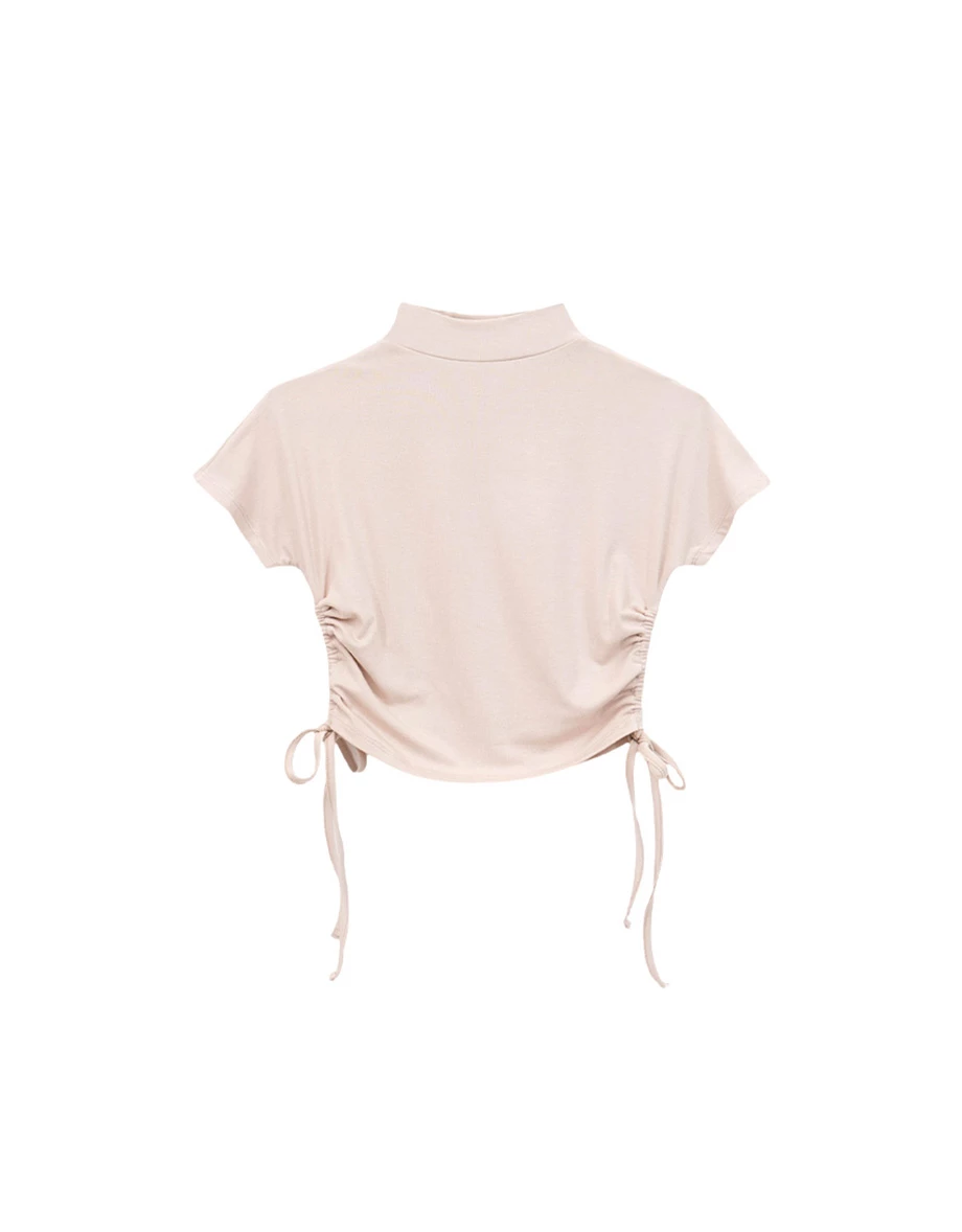 立領側抽繩抓皺短袖短版上衣