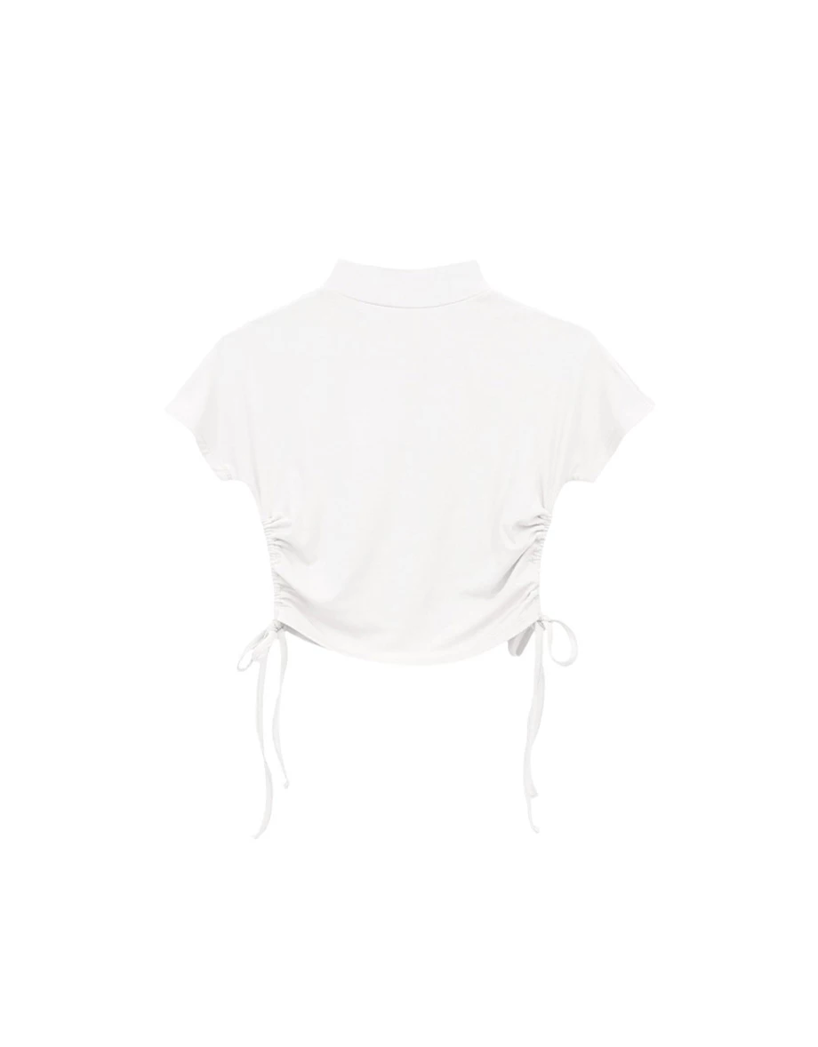 立領側抽繩抓皺短袖短版上衣
