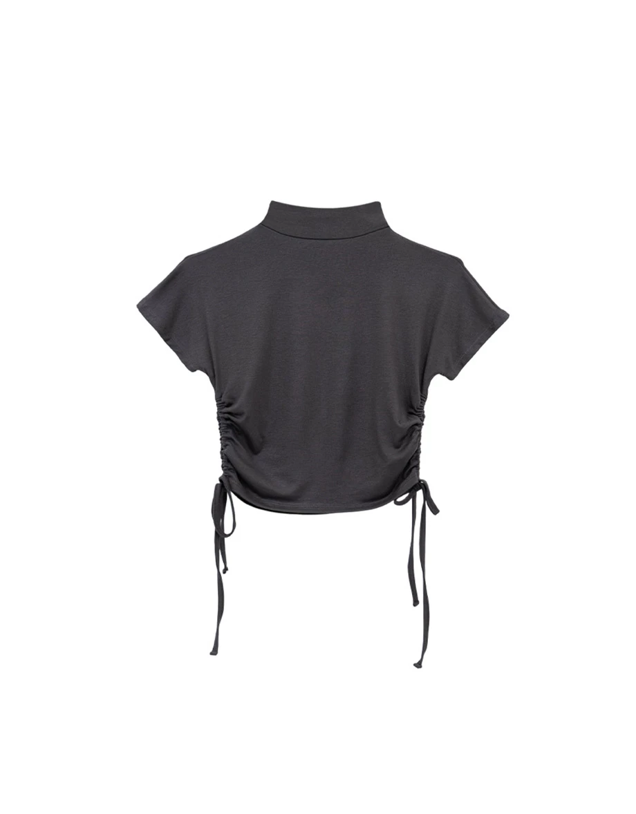 立領側抽繩抓皺短袖短版上衣