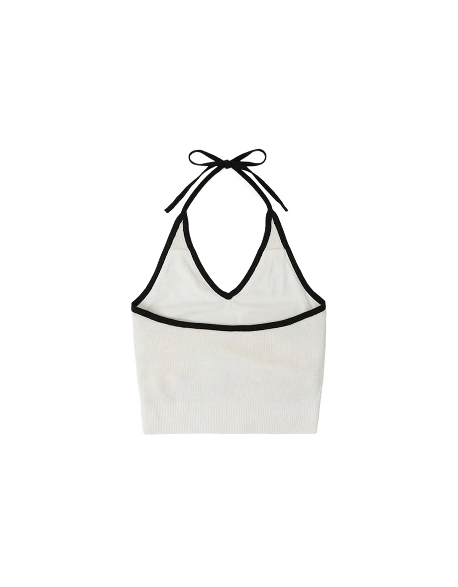 V領繞頸綁帶短版針織背心 撞色款/素色款(附胸墊)