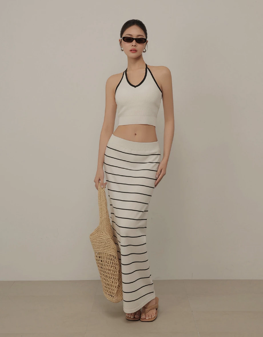 V領繞頸綁帶短版針織背心 撞色款/素色款(附胸墊)