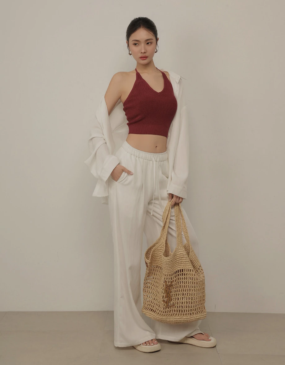 V領繞頸綁帶短版針織背心 撞色款/素色款(附胸墊)