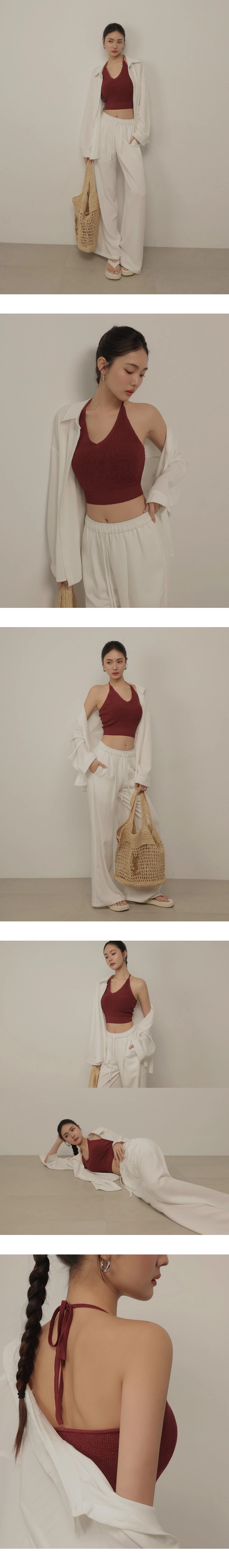 V領繞頸綁帶短版針織背心 撞色款/素色款(附胸墊)