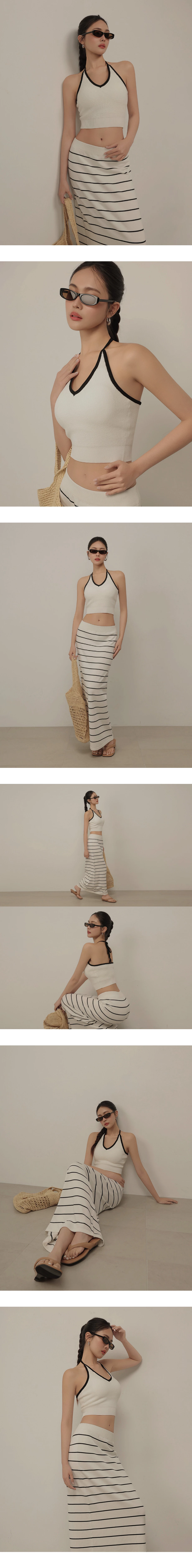 V領繞頸綁帶短版針織背心 撞色款/素色款(附胸墊)