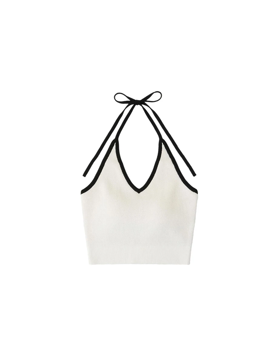 V領繞頸綁帶短版針織背心 撞色款/素色款(附胸墊)