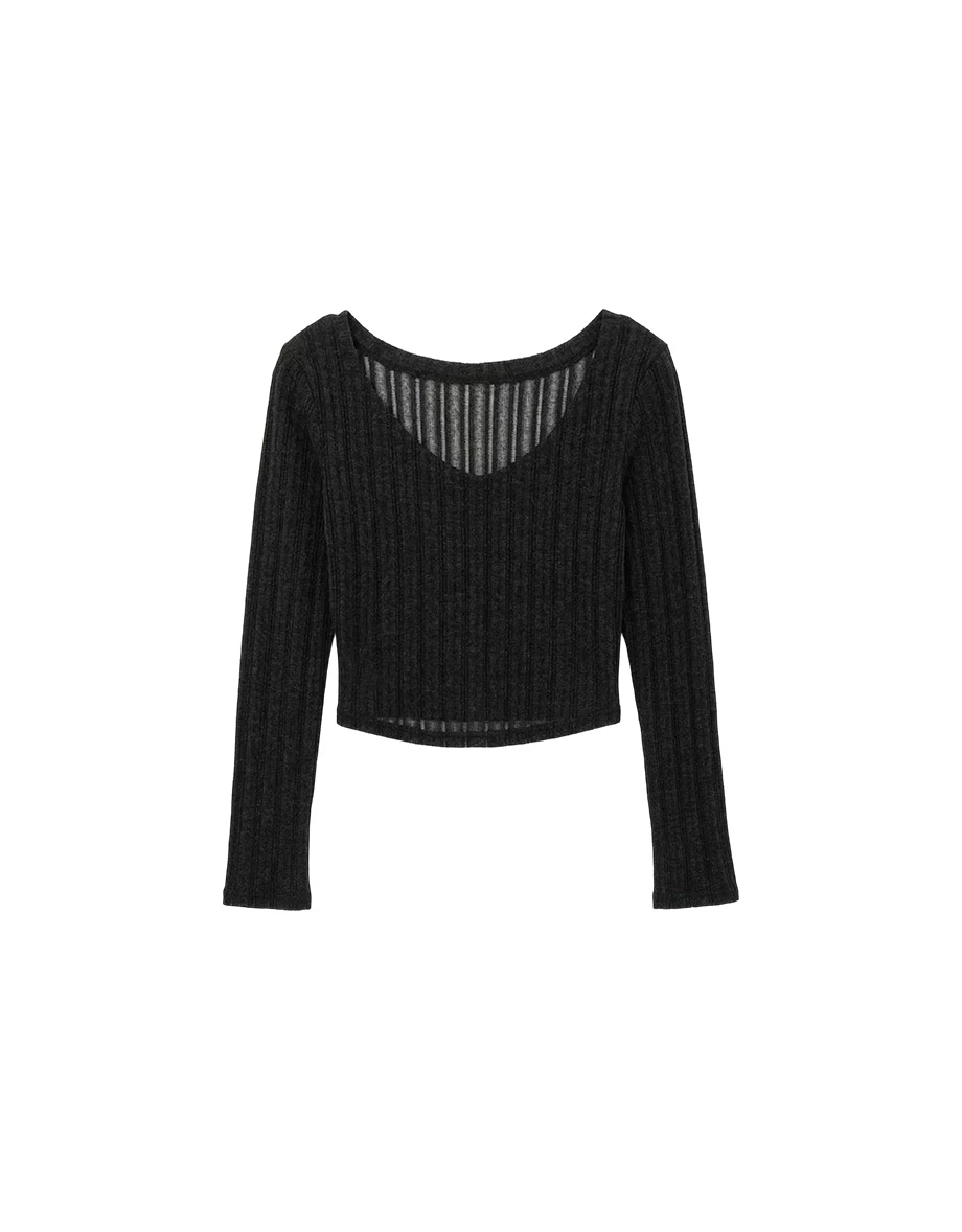 V領微透膚條紋長袖短版上衣