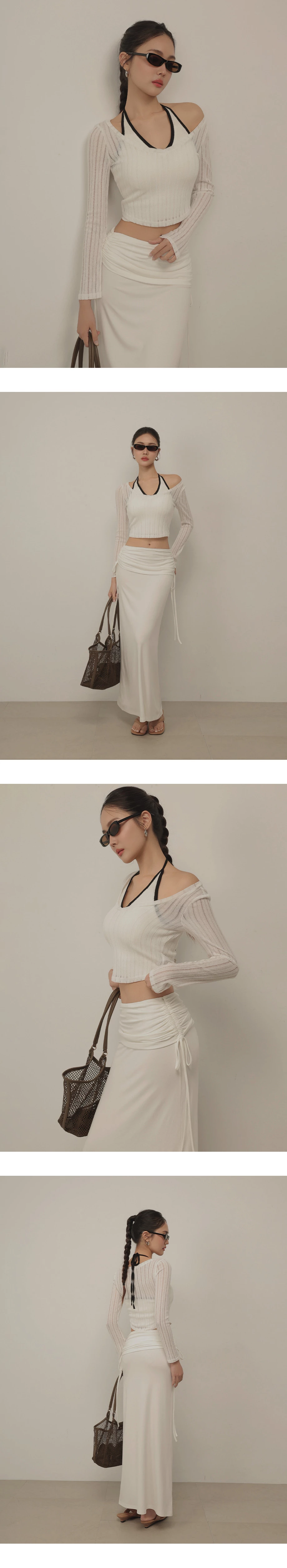 V領微透膚條紋長袖短版上衣