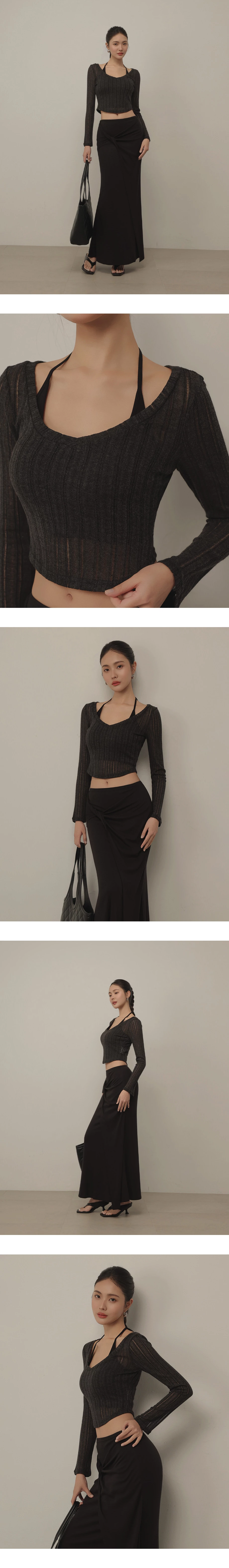 V領微透膚條紋長袖短版上衣