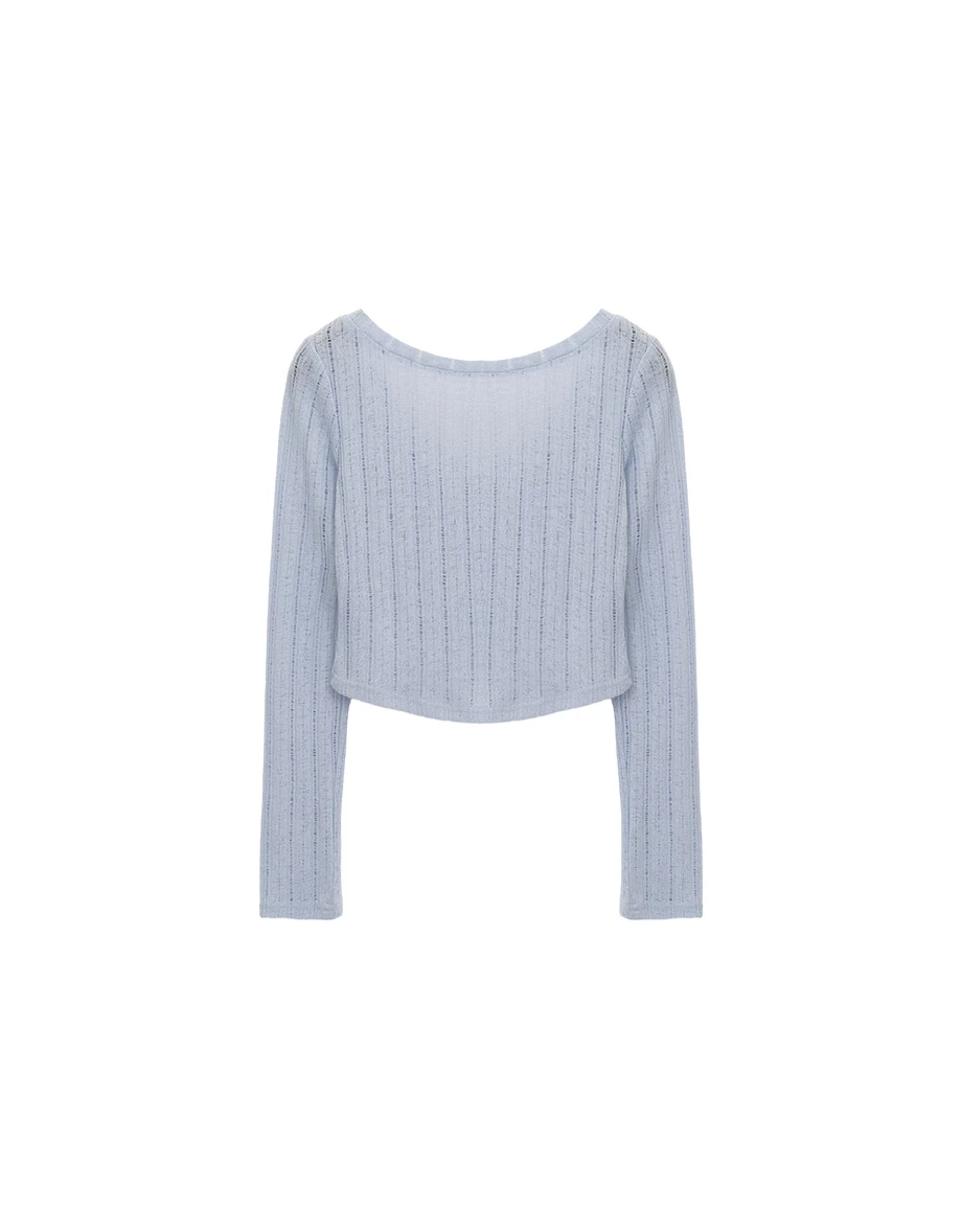 V領微透膚條紋長袖短版上衣