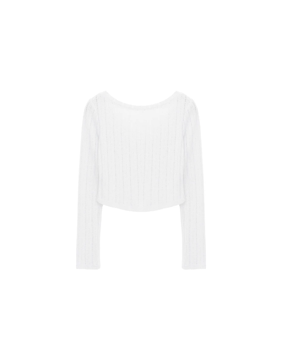 V領微透膚條紋長袖短版上衣