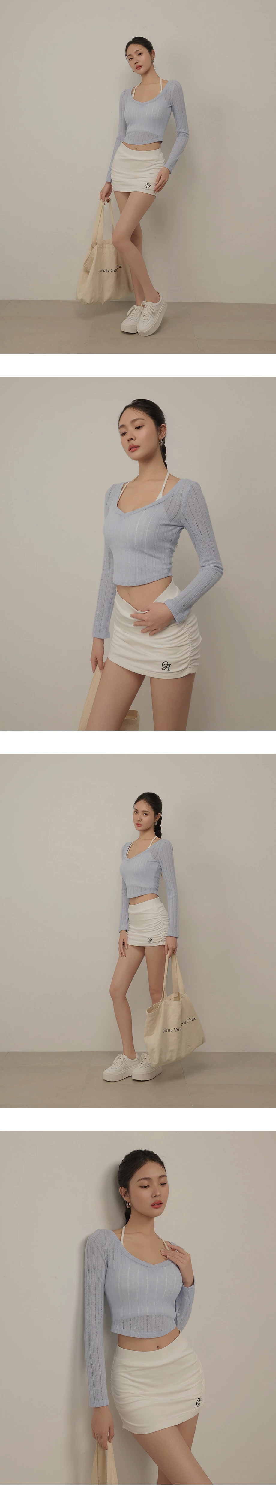 V領微透膚條紋長袖短版上衣