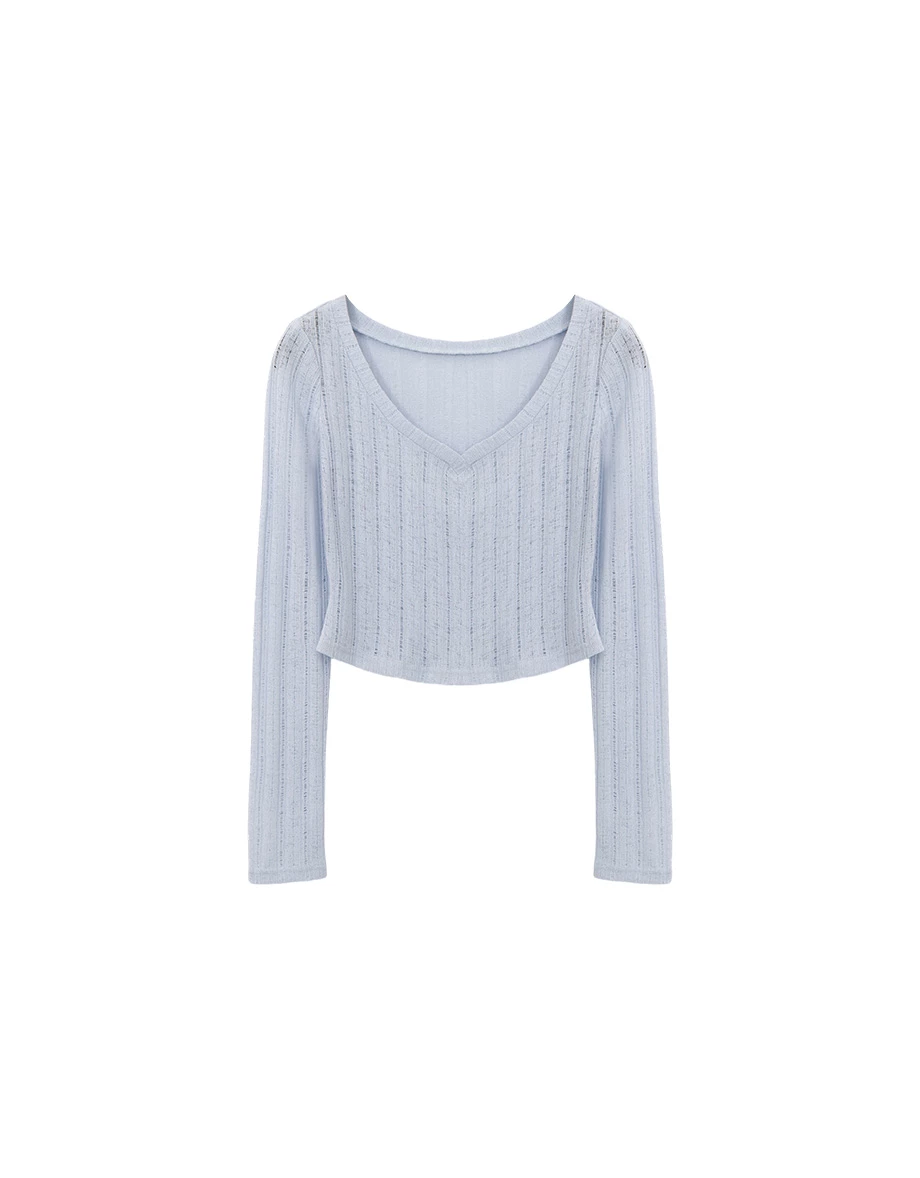 V領微透膚條紋長袖短版上衣