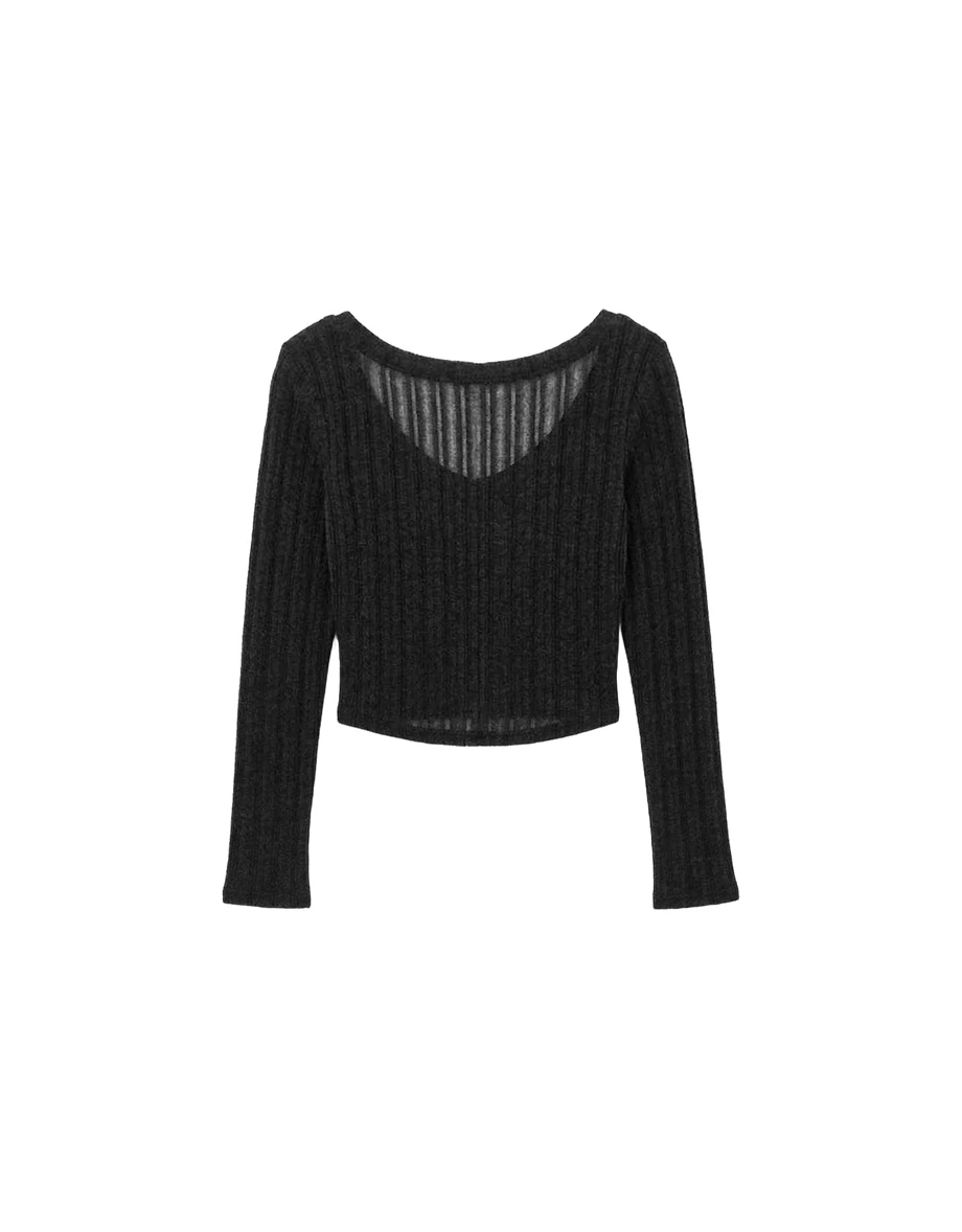 V領微透膚條紋長袖短版上衣