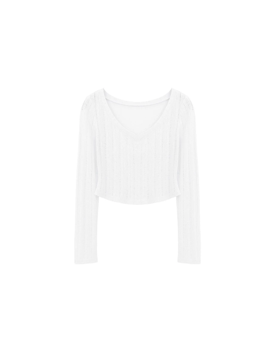 V領微透膚條紋長袖短版上衣