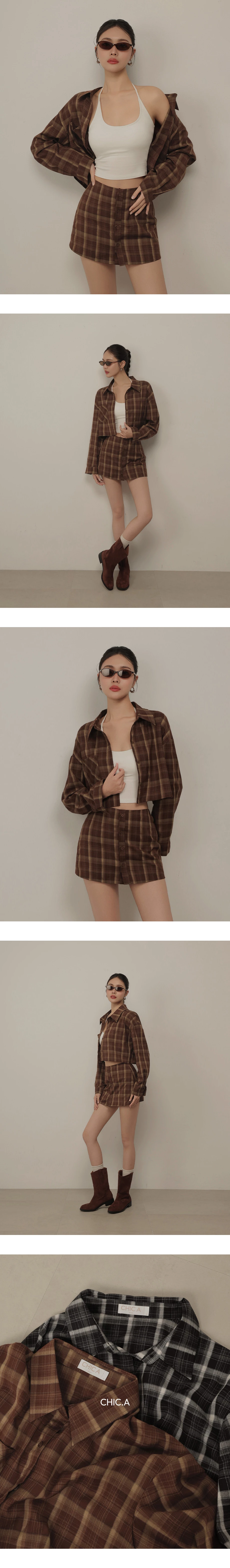 單口袋長袖短版格紋襯衫 單口袋長袖短版格紋襯衫