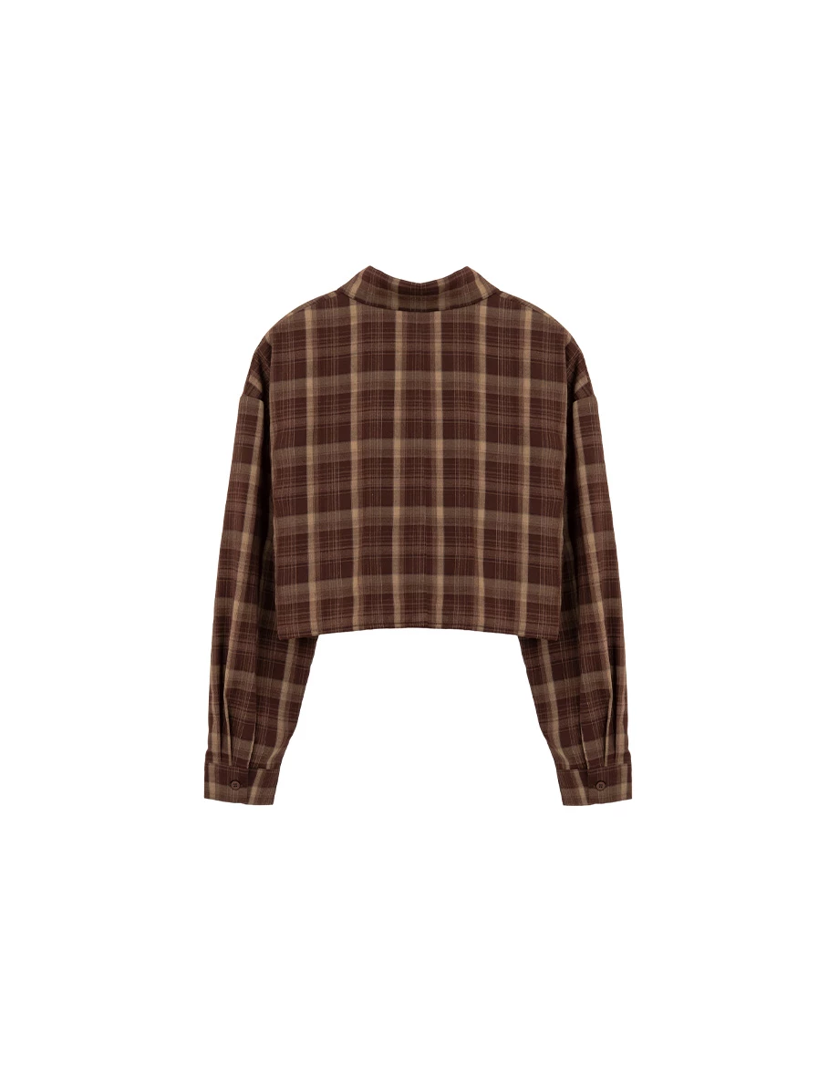 單口袋長袖短版格紋襯衫 單口袋長袖短版格紋襯衫