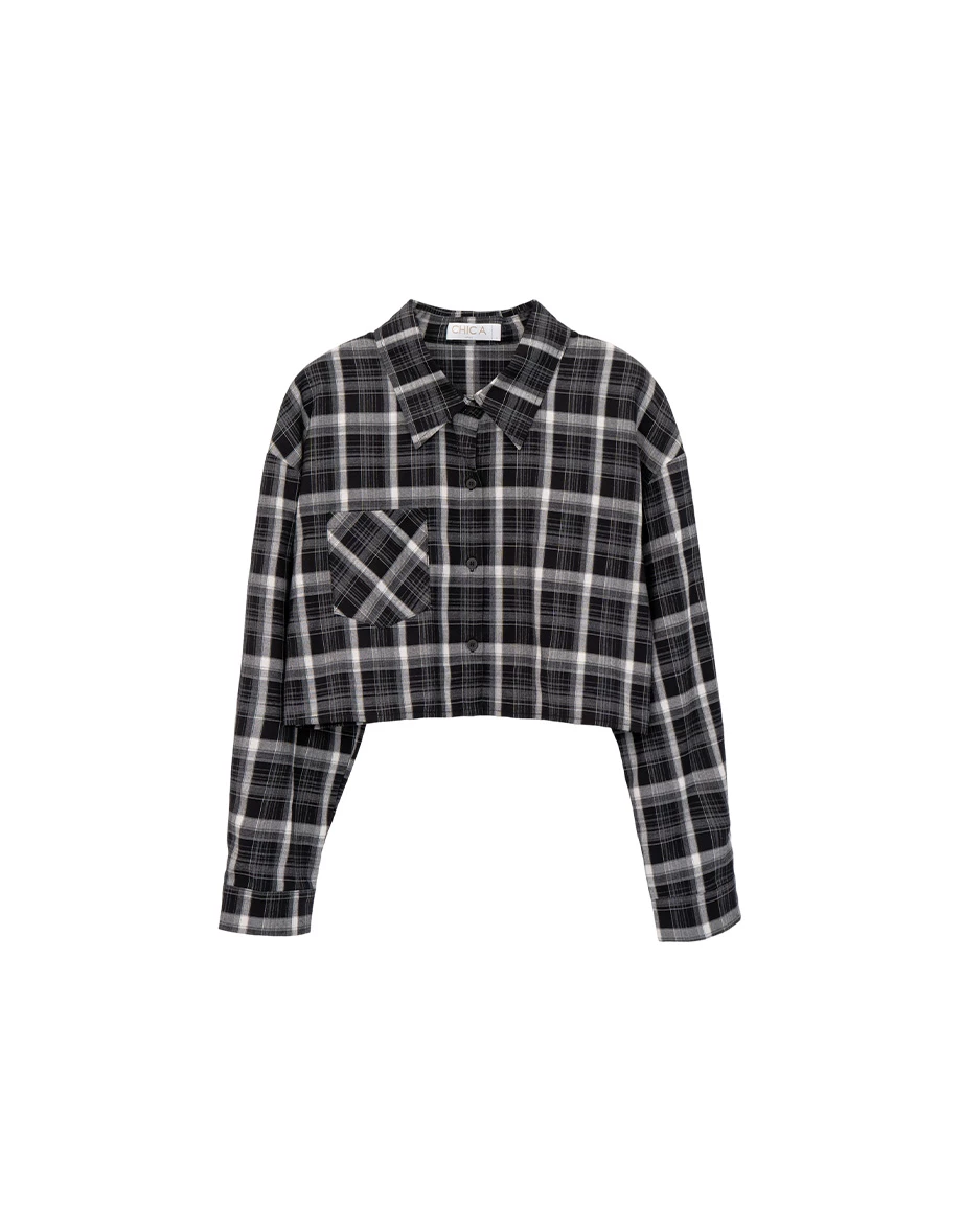 Cropped Plaid Print Drop Shoulder Button Up Shirt Blouse