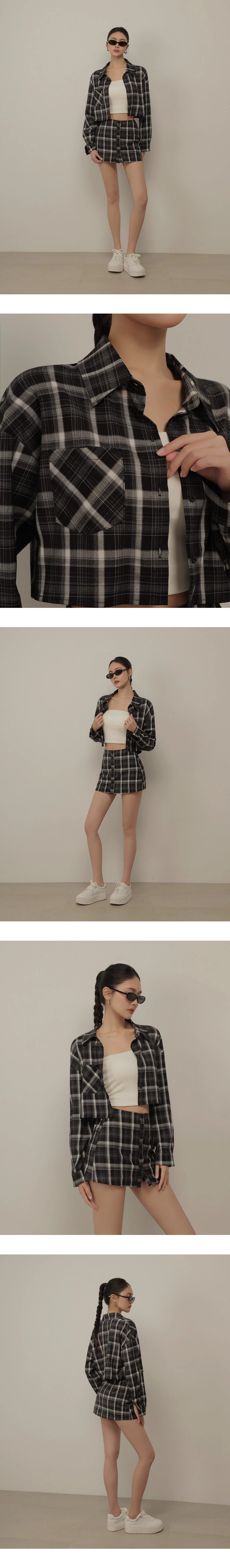 單口袋長袖短版格紋襯衫 單口袋長袖短版格紋襯衫