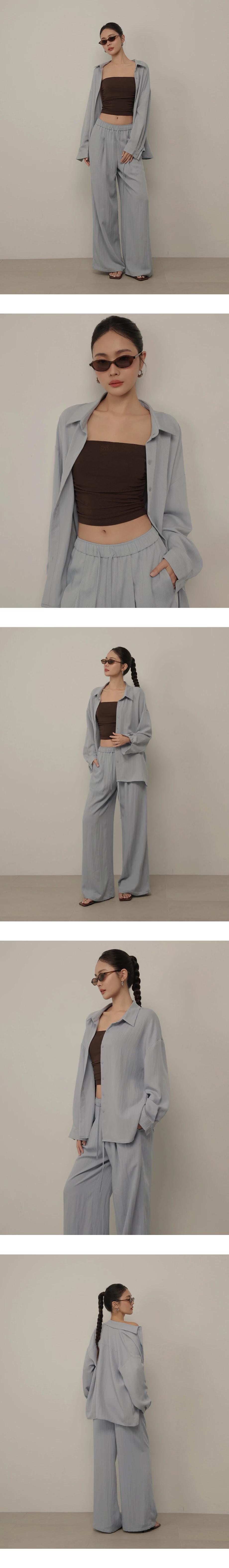 寬版落肩長袖純色斜紋襯衫