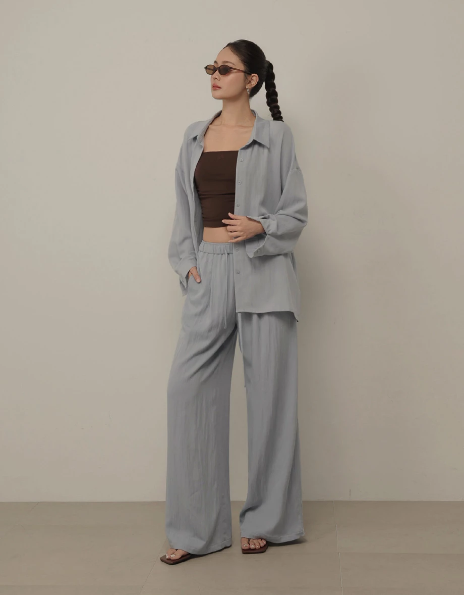 寬版落肩長袖純色斜紋襯衫