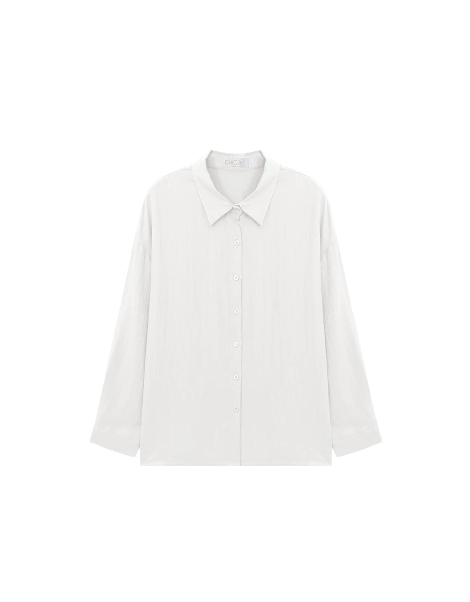 寬版落肩長袖純色斜紋襯衫