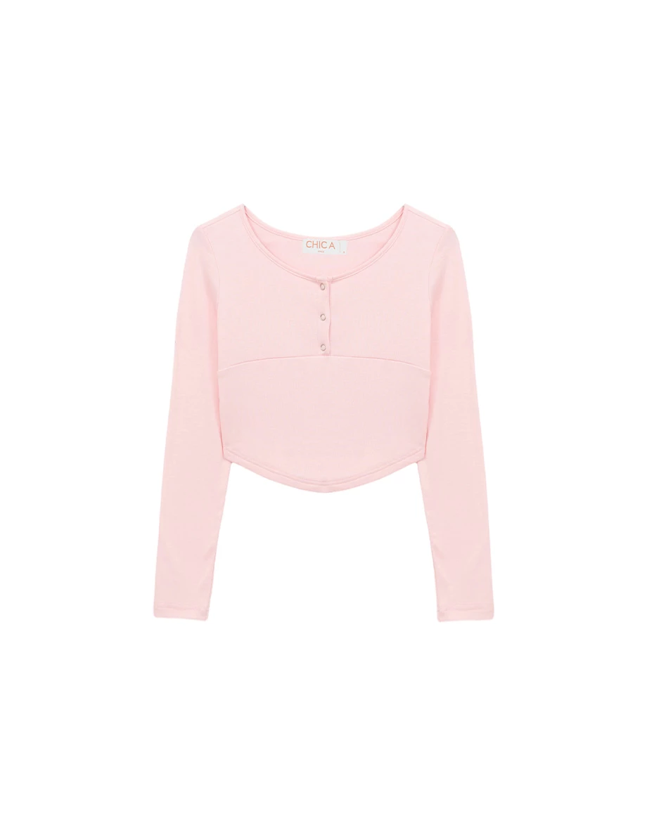 Half-Placket Snap Button Ribbed Cropped Knit Top