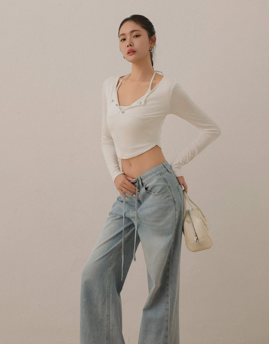 Half-Placket Snap Button Ribbed Cropped Knit Top