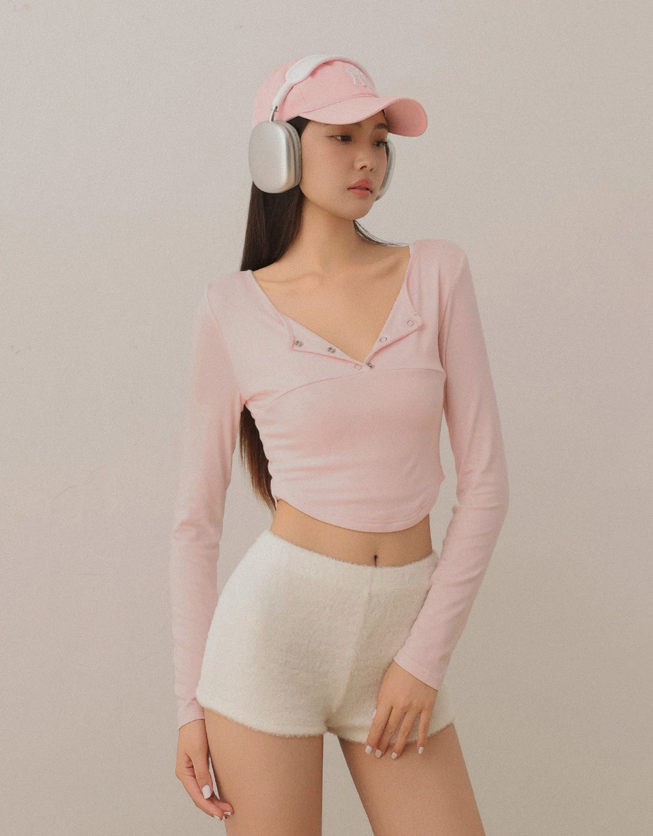 Half-Placket Snap Button Ribbed Cropped Knit Top