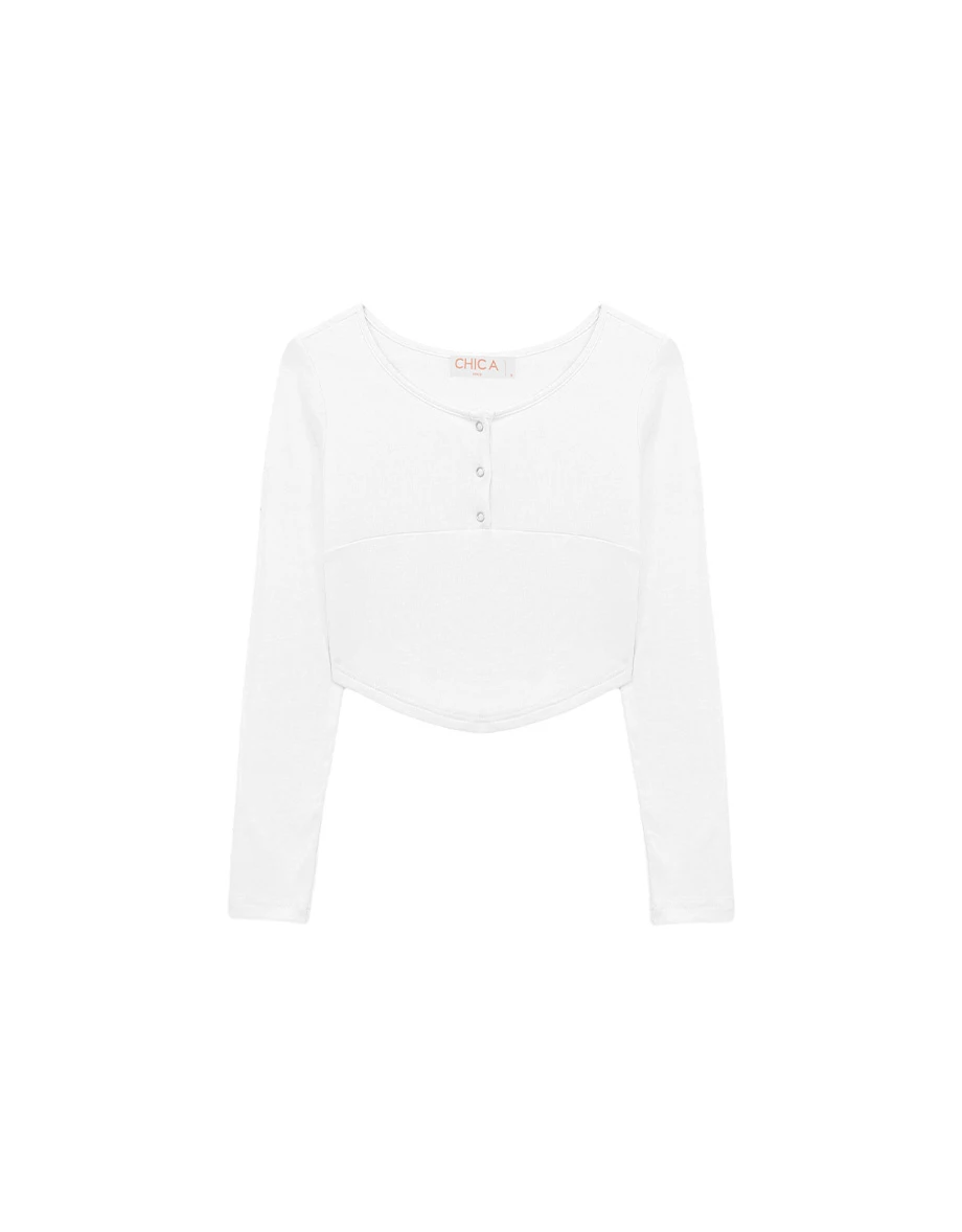 Half-Placket Snap Button Ribbed Cropped Knit Top