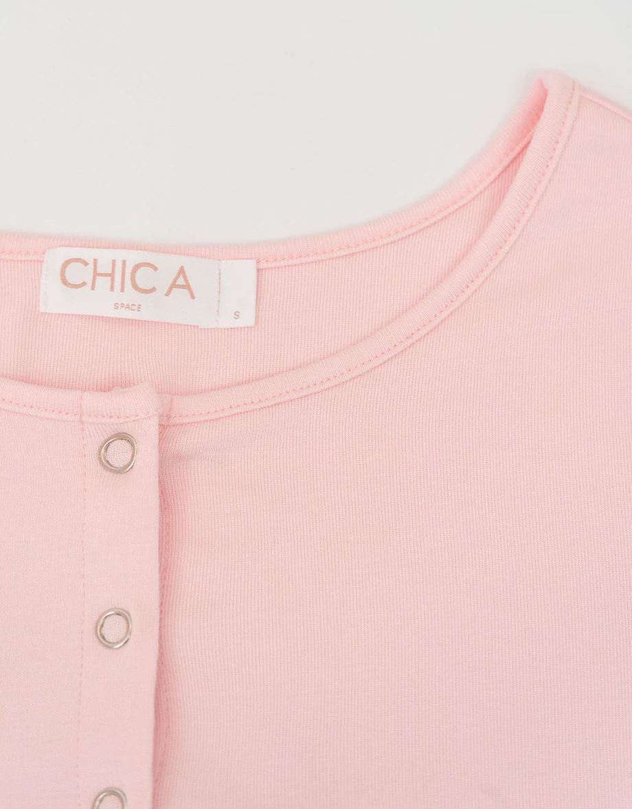 Half-Placket Snap Button Ribbed Cropped Knit Top