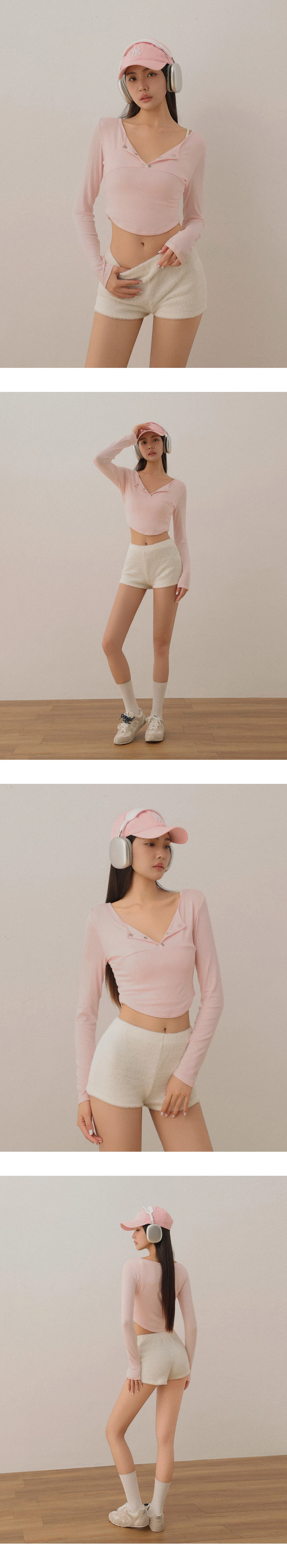 Half-Placket Snap Button Ribbed Cropped Knit Top