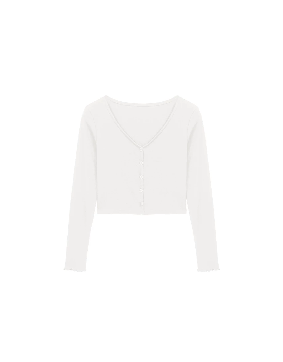 【奶油柔感棉】V領木耳邊針織開襟衫