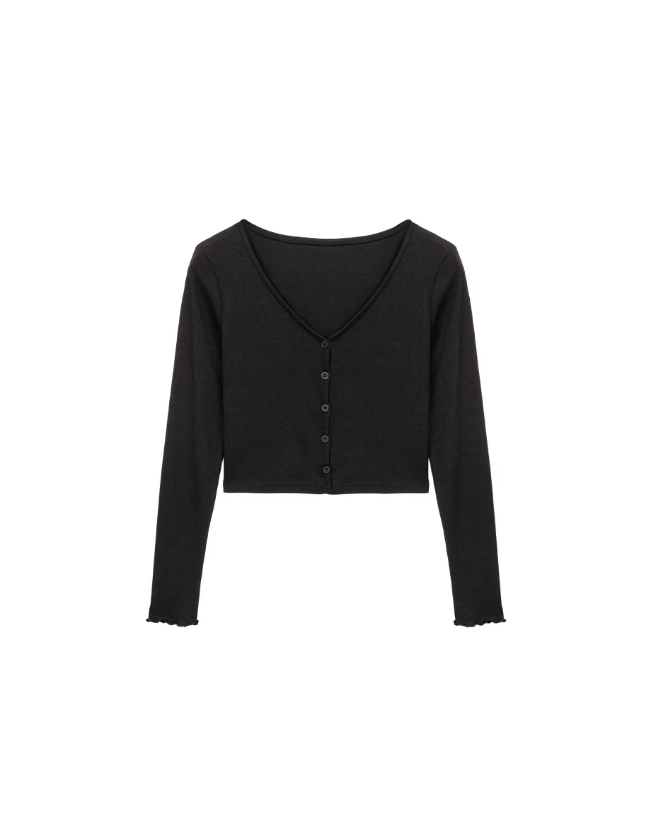 【奶油柔感棉】V領木耳邊針織開襟衫