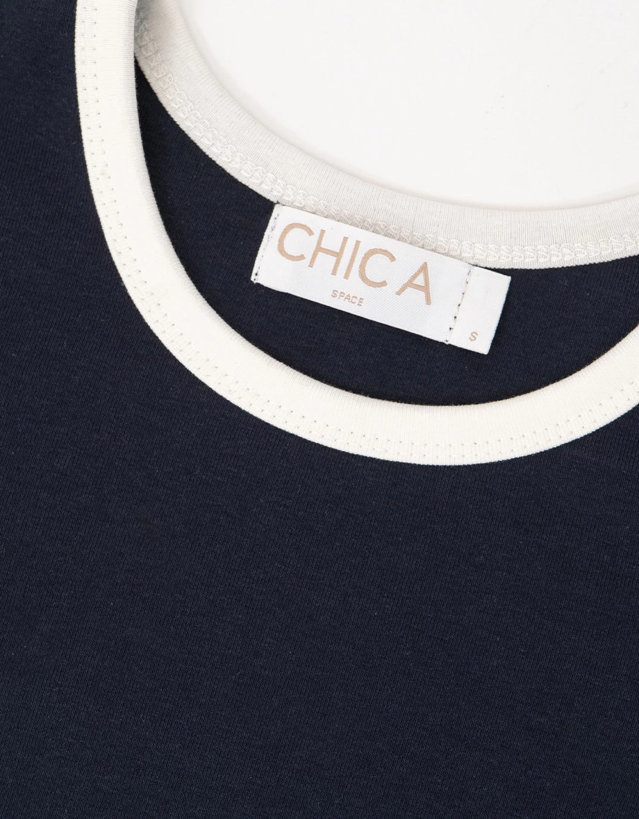 撞色滾邊圓領短袖短版上衣